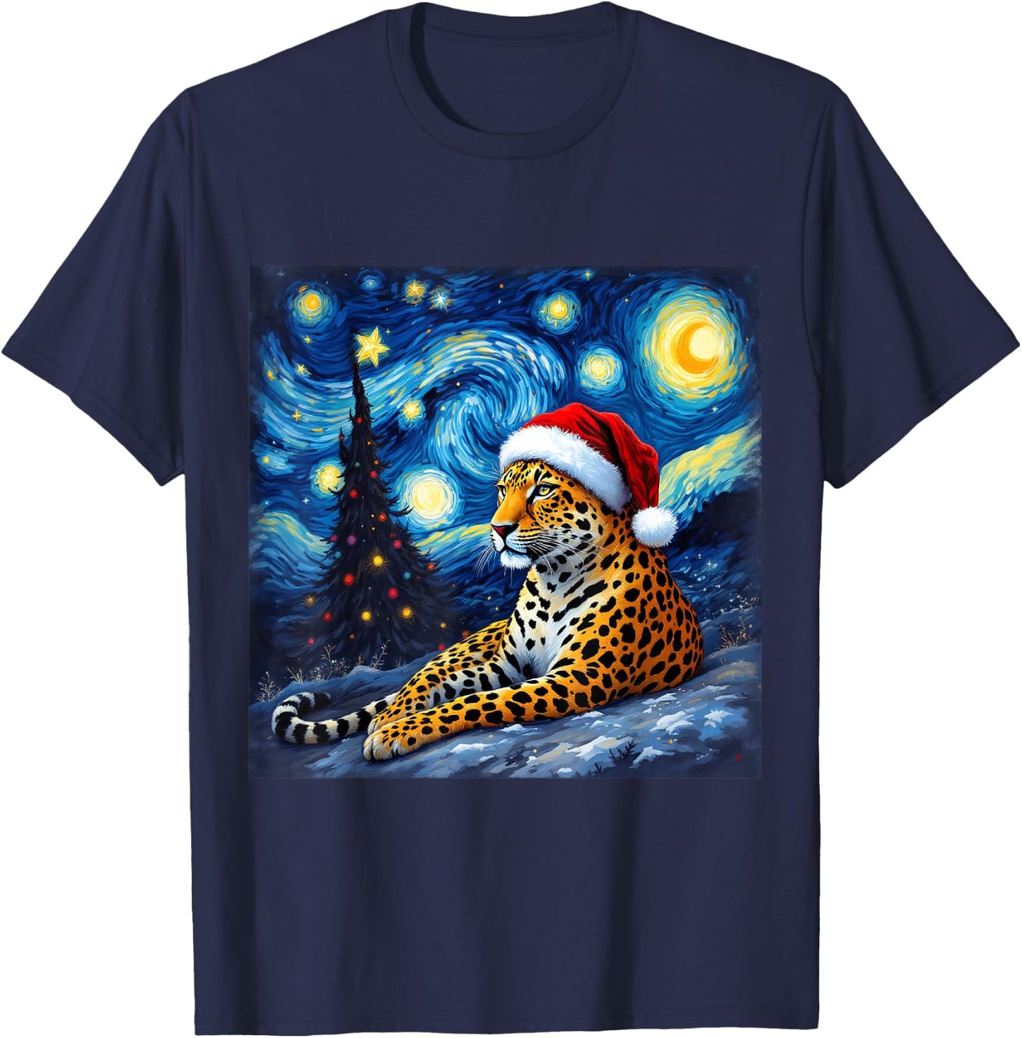 Christmas Leopard Santa Hat Van Gogh Starry Night Holiday T-Shirt - T-Shirt | Navy