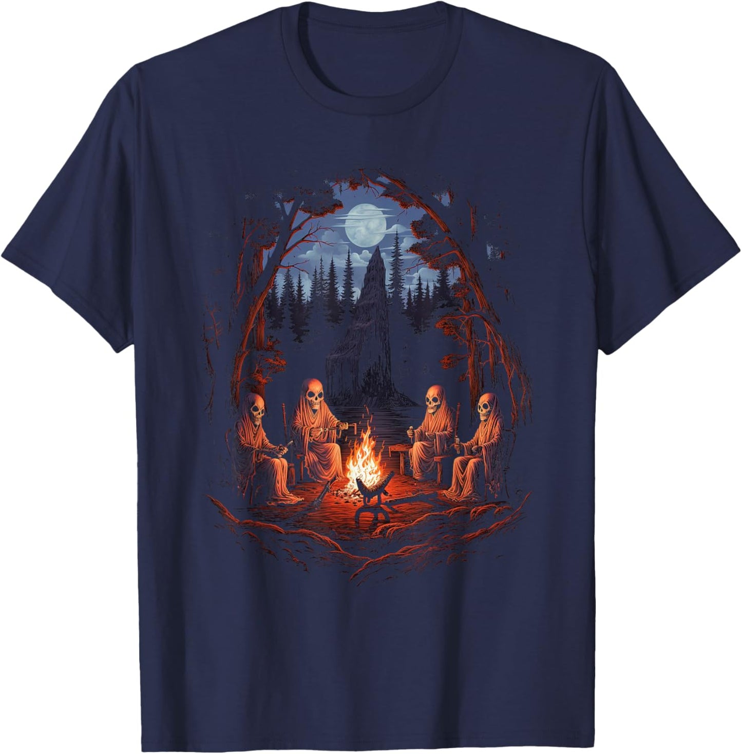 Vintage Ghost and Skeleton by Fire Camping Gothic Halloween T-Shirt - T-Shirt | Navy