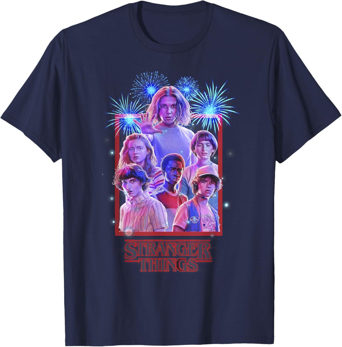Netflix Stranger Things Group Shot Fireworks Poster T-Shirt - T-Shirt | Navy