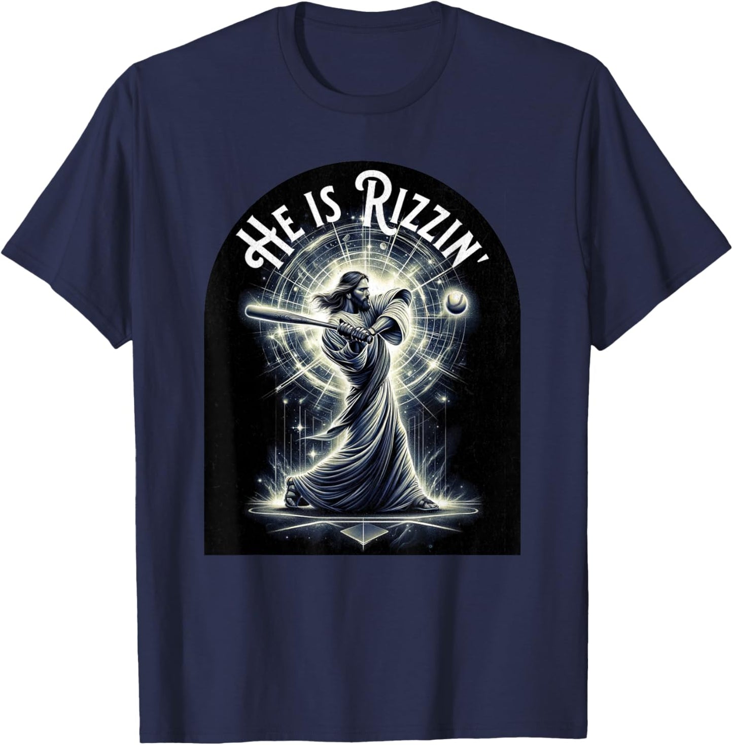 He is Rizzin Jesus Playing Baseball Funny Sports Rizz T-Shirt - T-Shirt | Navy