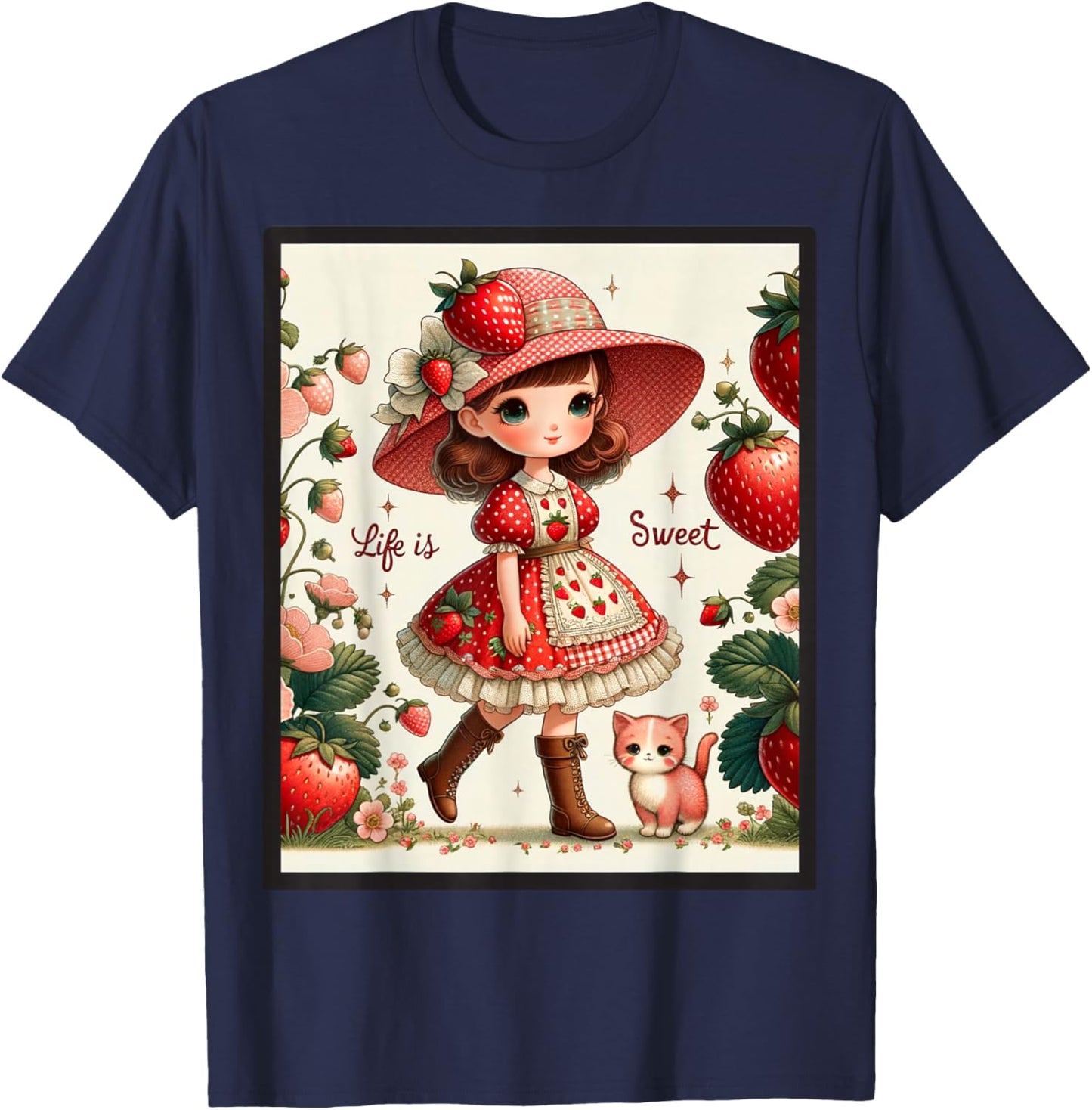 Cute Life Is Sweet Strawberry Cake Vintage Berry Garden T-Shirt - T-Shirt | Navy