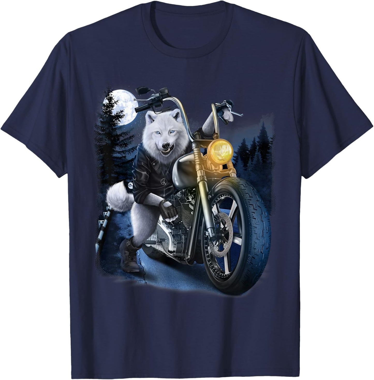 Wolf Riding Chopper Motorcycle in Full Moon T-Shirt - T-Shirt | Navy