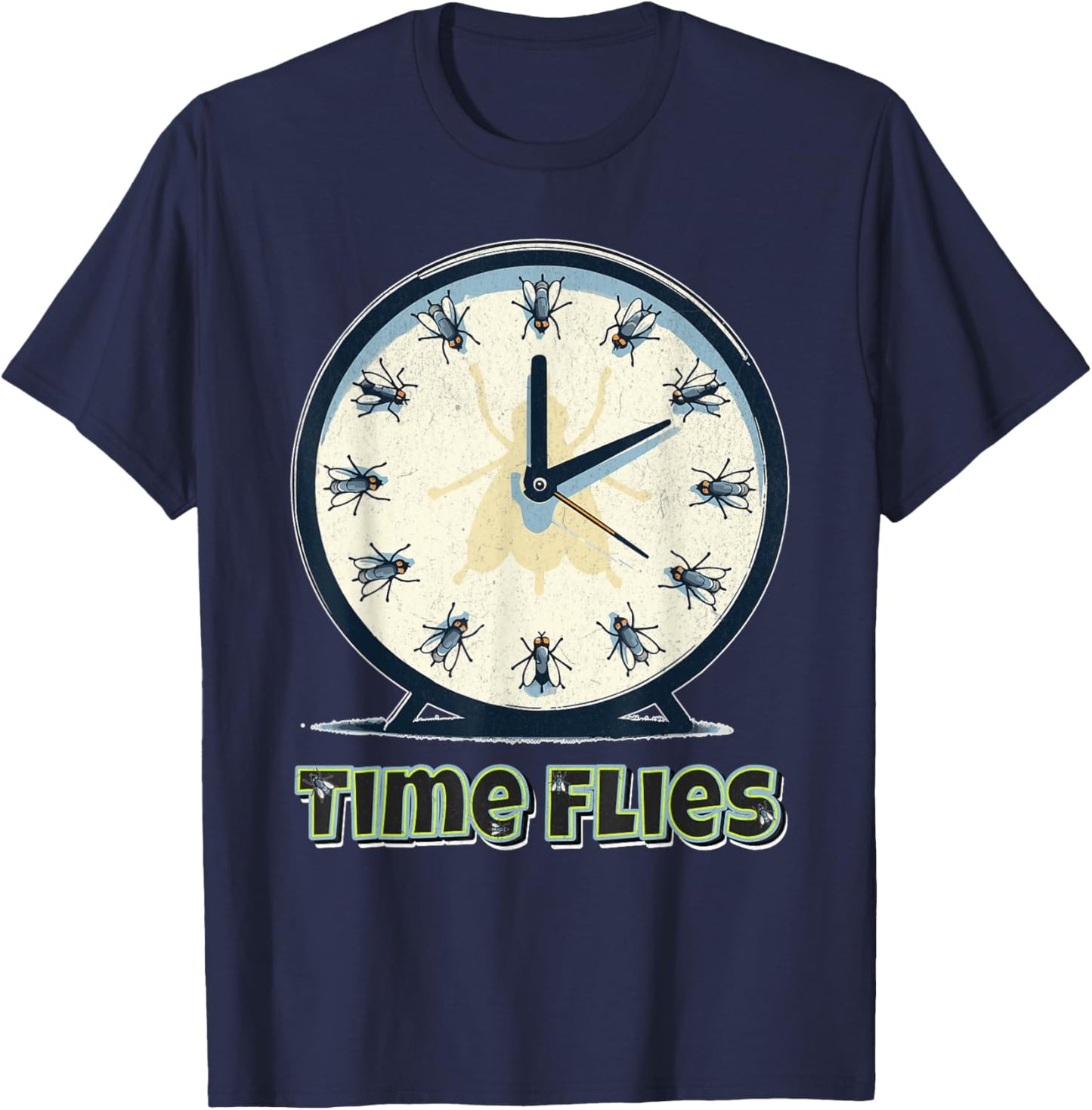 Time Flies Funny Clock Graphic Flying Bugs Pun T-Shirt - T-Shirt | Navy