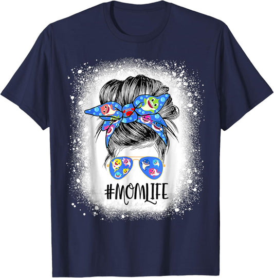 Mom Life Messy Bun Bleached Shark Mommy Mother's Day T-Shirt - T-Shirt | Navy