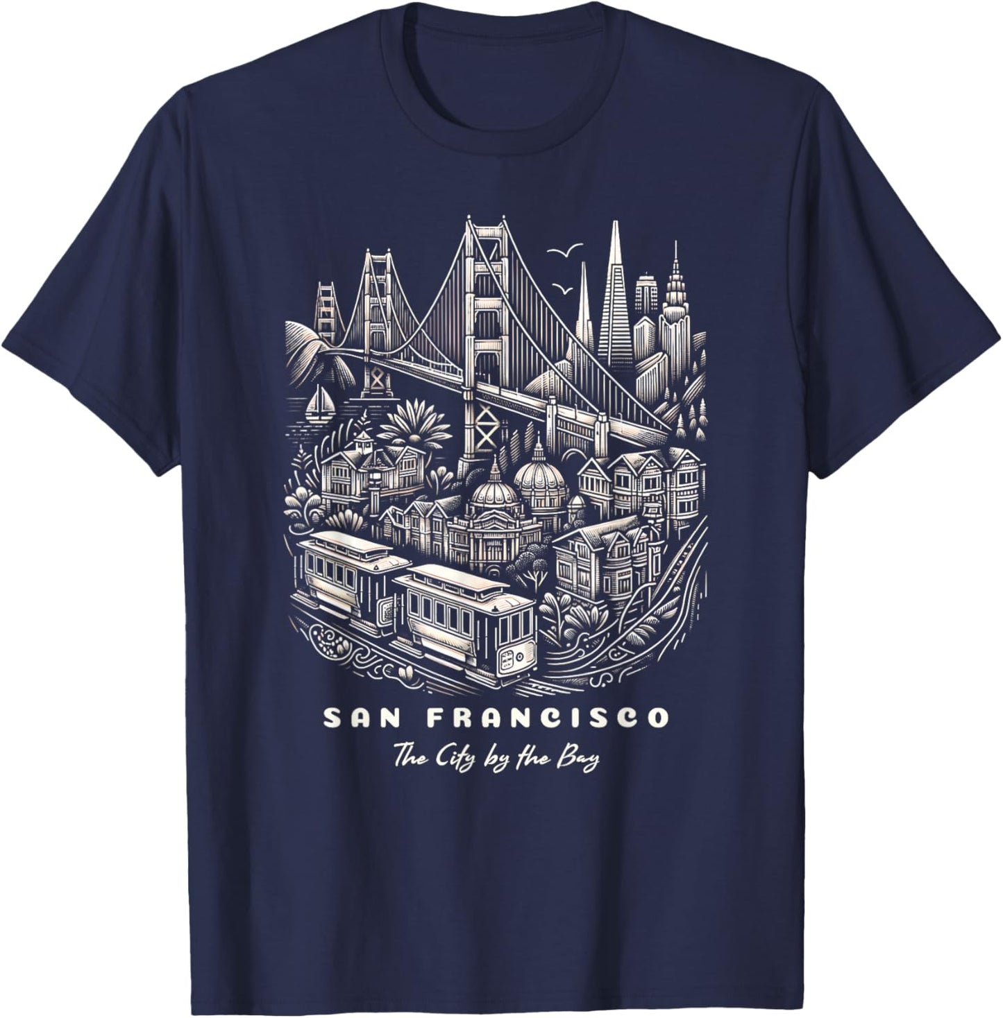 San Francisco SF Bay Area California Skyline and Golden Gate T-Shirt - T-Shirt | Navy