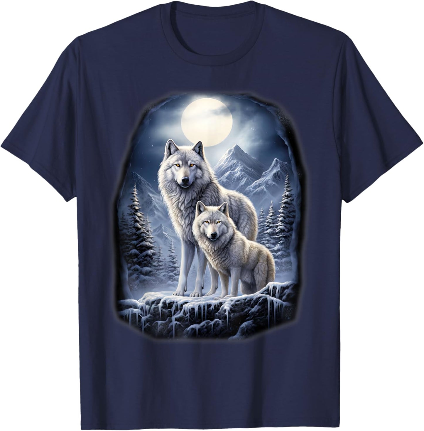 2 Wölfe auf eisigem Hügel in den Bergen vor dem Mond T-Shirt - T-Shirt | Navy