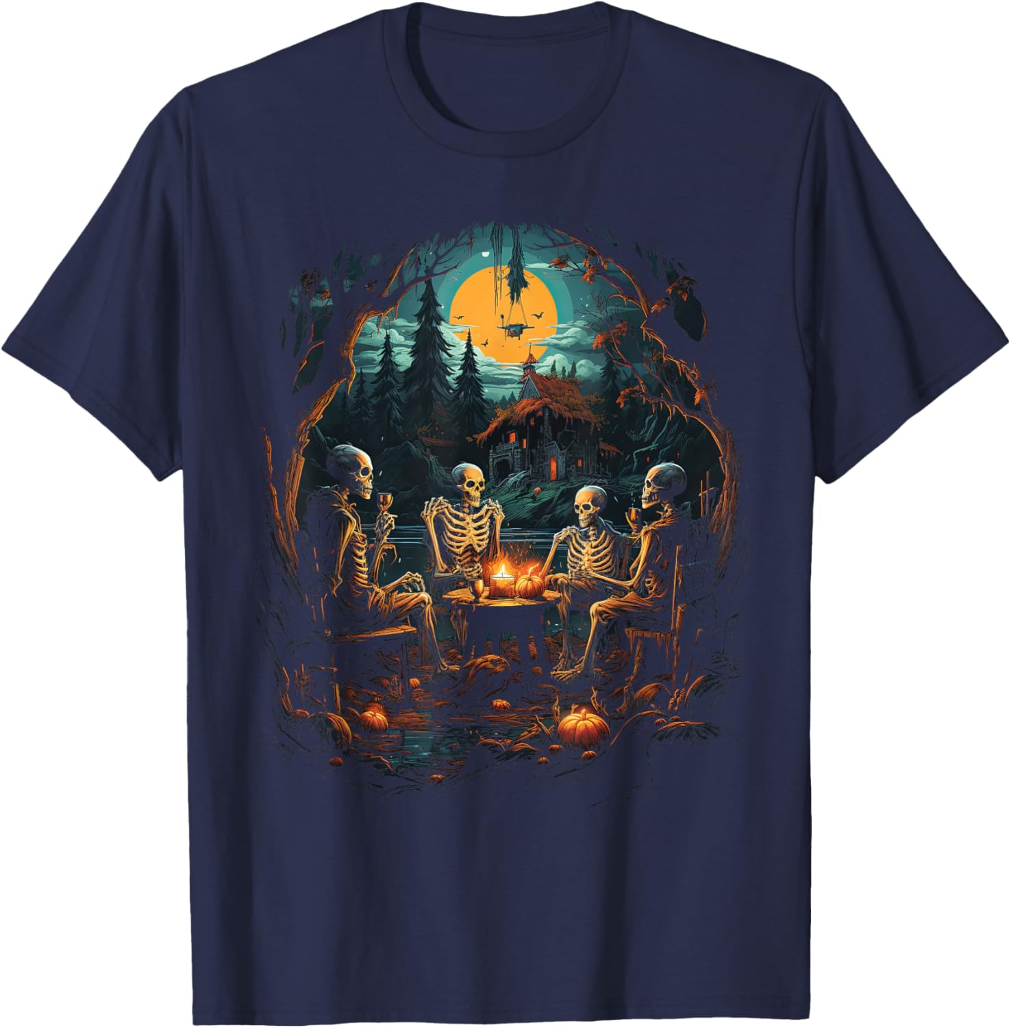 Vintage Ghost and Skeleton by Fire Camping Gothic Halloween T-Shirt - T-Shirt | Navy