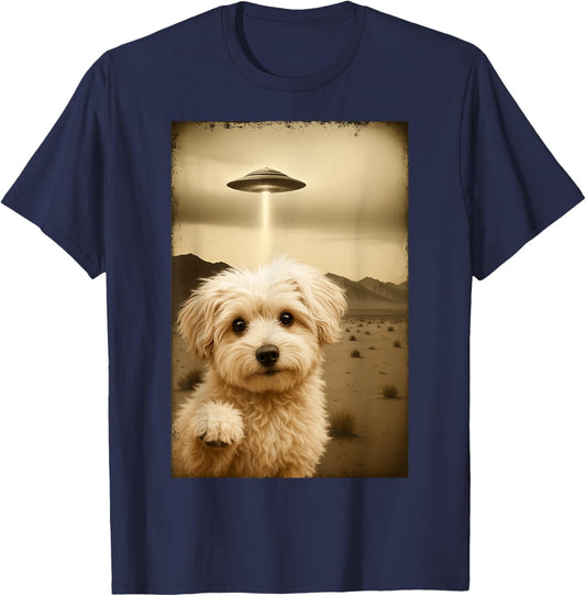 Maltipoo Alien UFO Vintage Desert Dog Artwork T-Shirt - T-Shirt | Navy