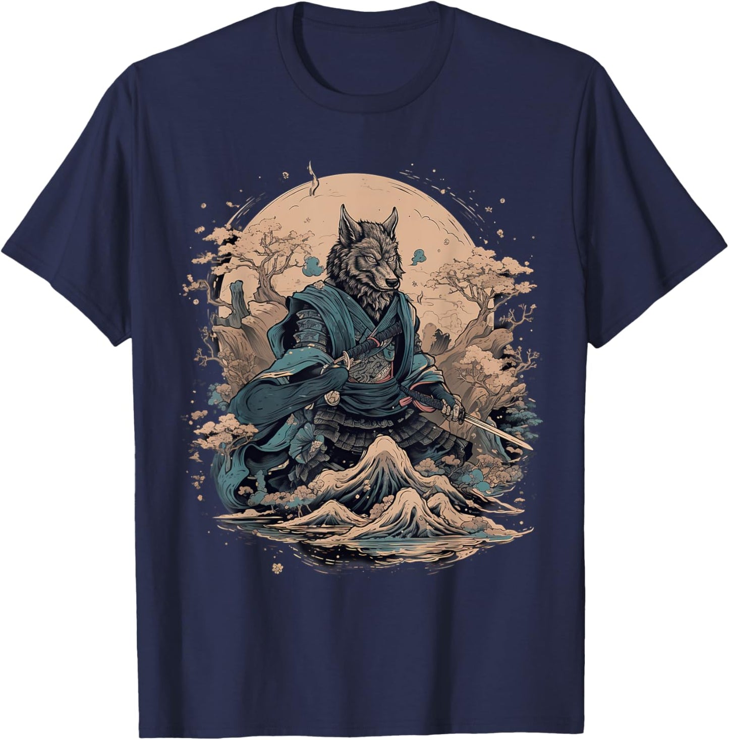 Vintage Japanese Art Samurai Wolf T-Shirt - T-Shirt | Navy