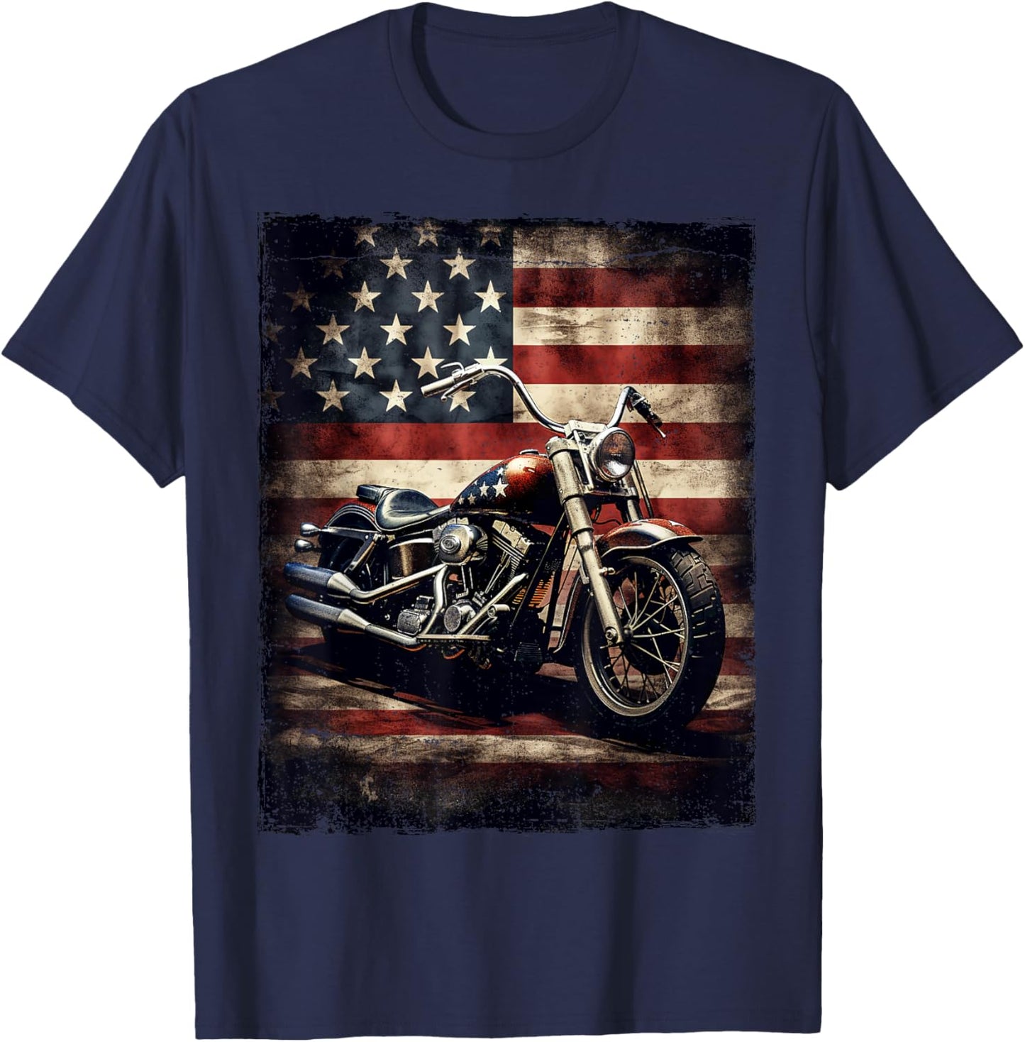 Vintage Motorcycle USA Flag Retro Biker American T-Shirt - T-Shirt | Navy