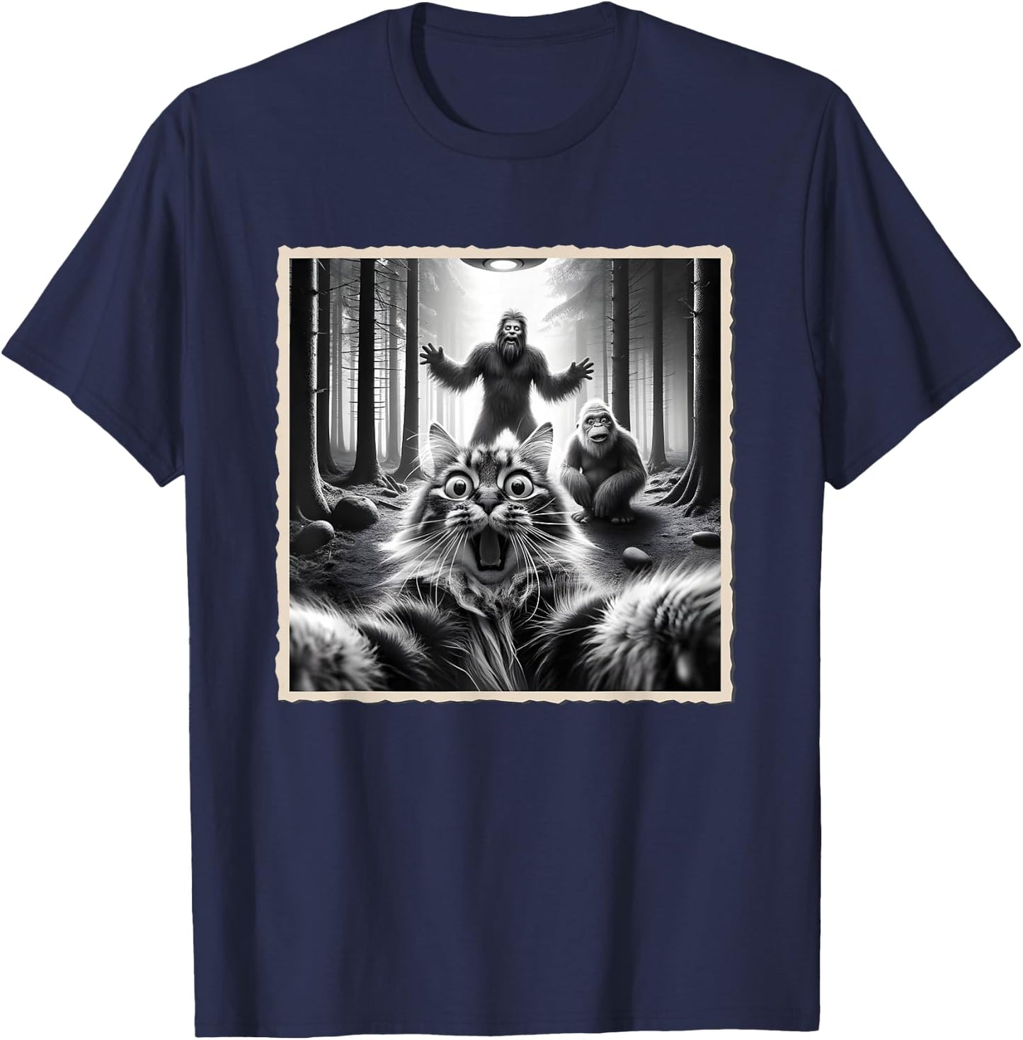 Cat Selfie With Bigfoot; Funny Sasquatch & Cat T-Shirt - T-Shirt | Navy