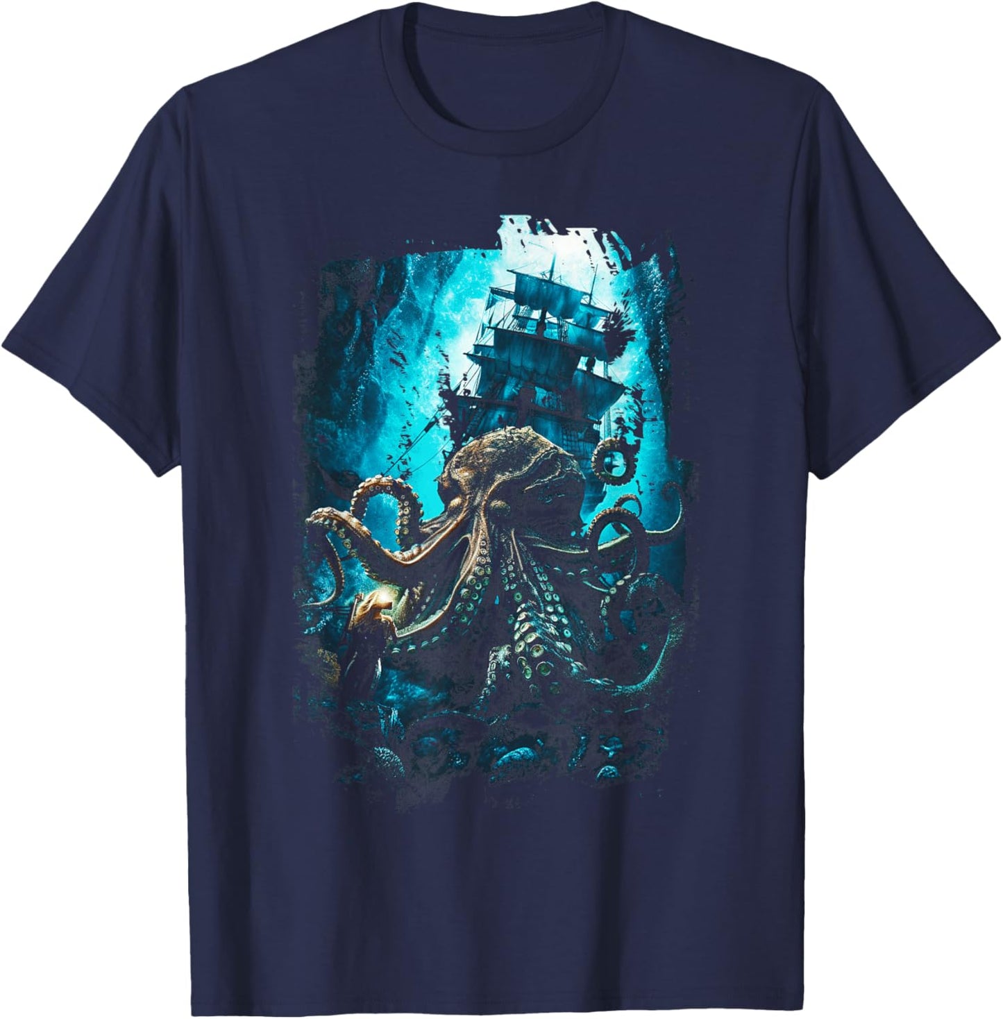 Giant Octopus Pirate Ship Vintage Kraken Sailing Squid T-Shirt - T-Shirt | Navy
