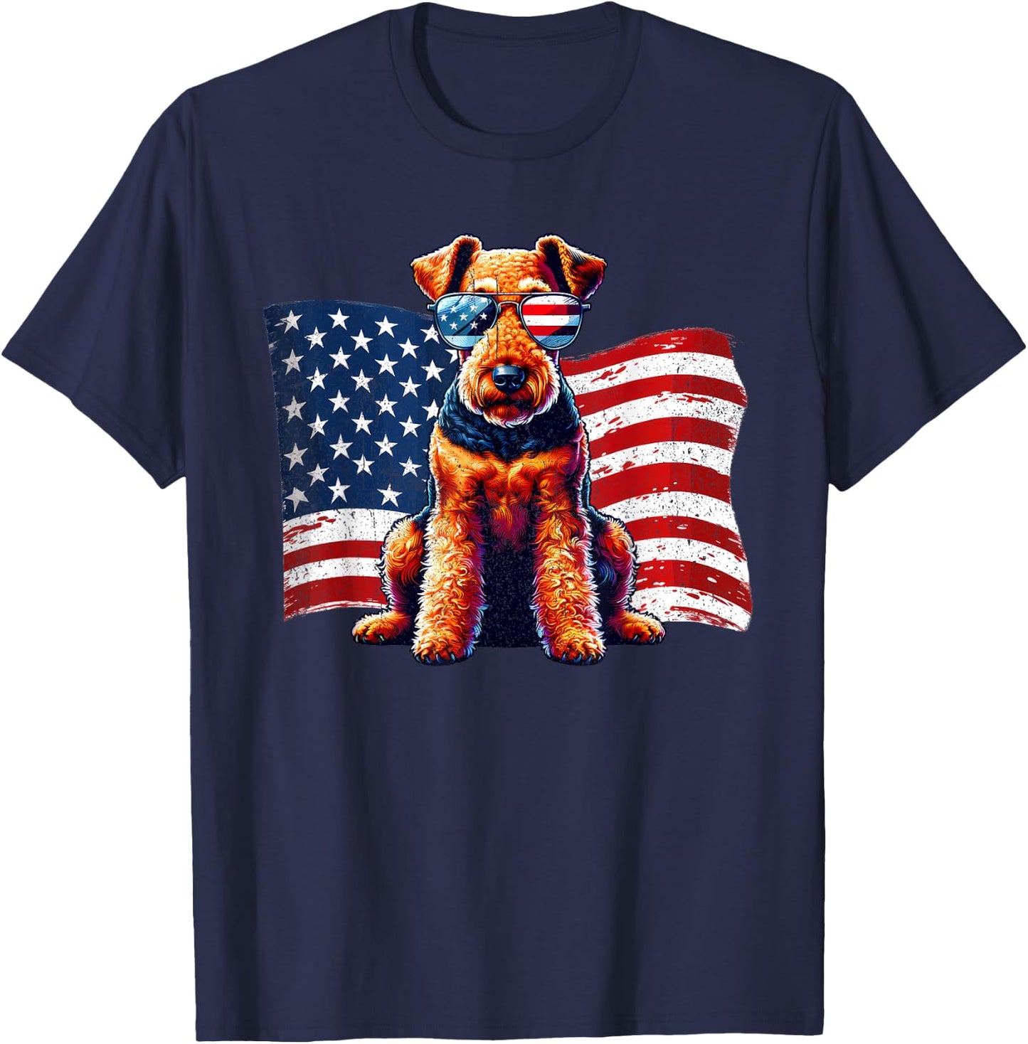 Vintage Airedale Terrier American Flag Sunglasses Patriotic T-Shirt - T-Shirt | Navy