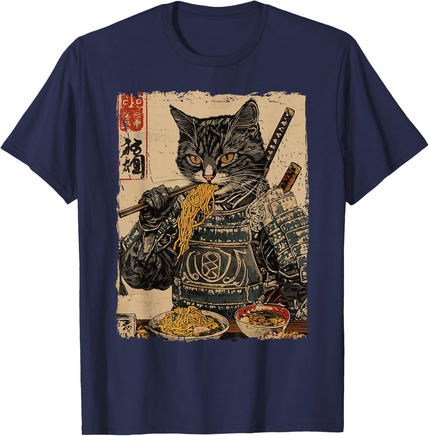 Samurai Cat Loves Ramen Funny Anime Japanese Artwork Samurai T-Shirt - T-Shirt | Navy