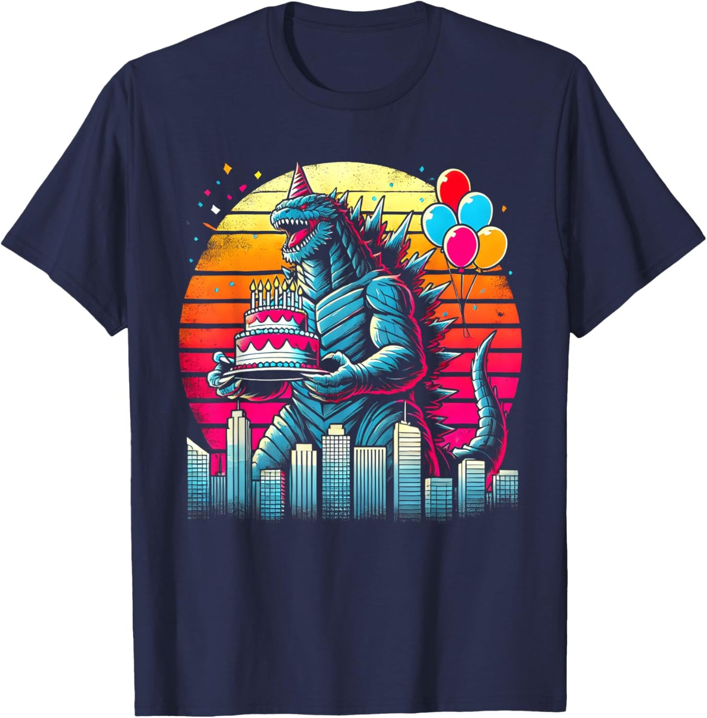 Kaiju Balloon And Cake Funny Japanese Monster Lover Birthday T-Shirt - T-Shirt | Navy
