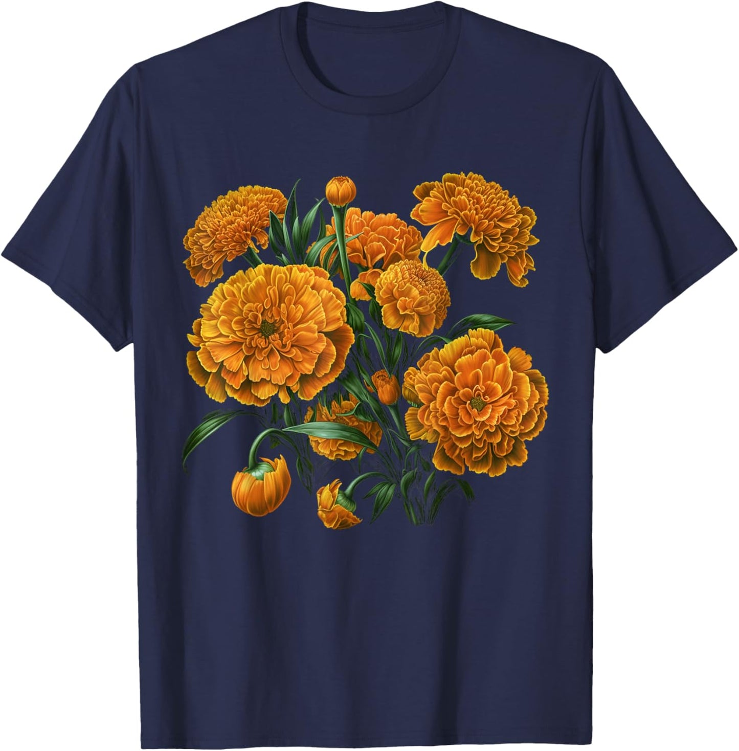 Marigold Flowers, Floral Bouquet Design T-Shirt - T-Shirt | Navy