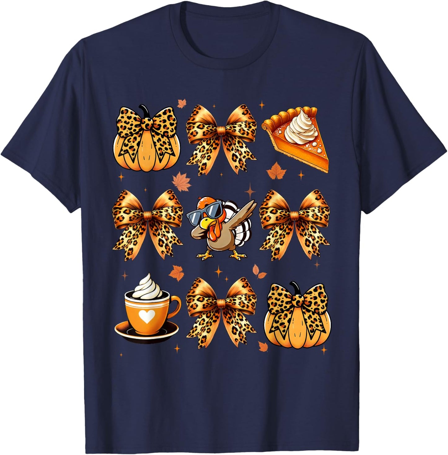 Retro Cute Coquette Bows Turkey Pumpkin Pie Thanksgiving T-Shirt - T-Shirt | Navy