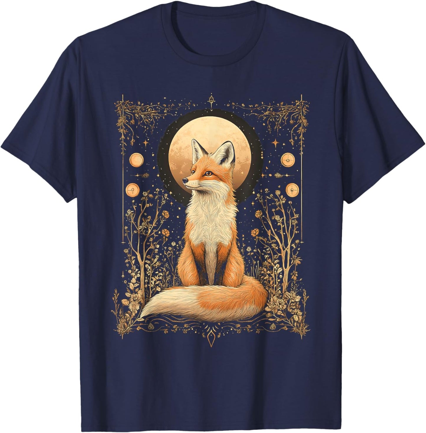 Mystic Moon and Moonphase Fox Mystical Flowers Aesthetic T-Shirt - T-Shirt | Navy