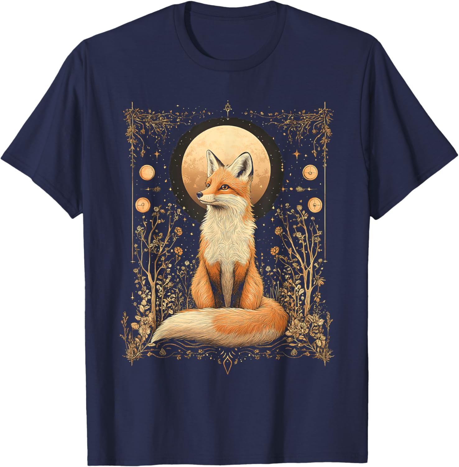 Mystic Moon and Moonphase Fox Mystical Flowers Aesthetic T-Shirt - T-Shirt | Navy