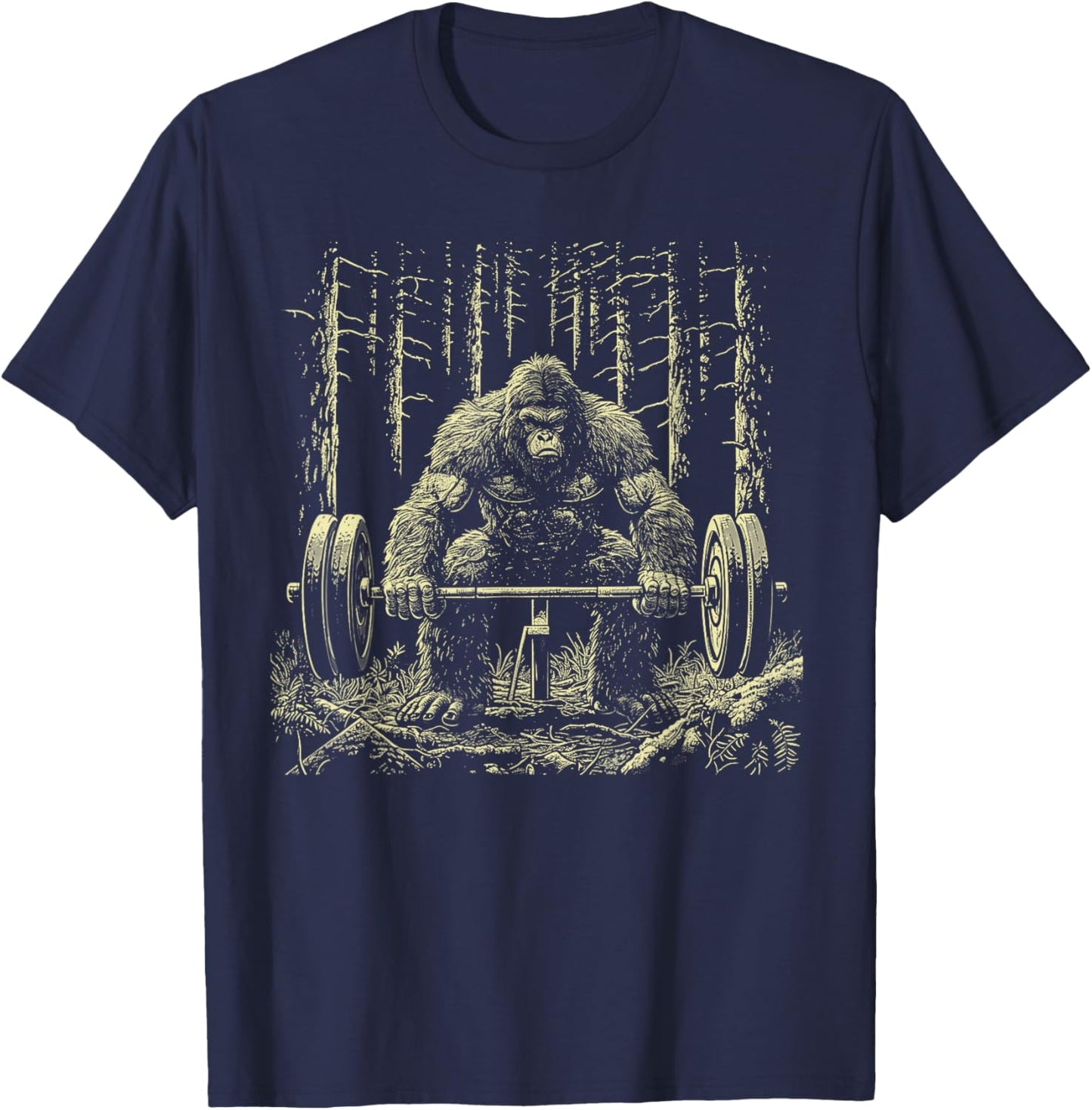 Funny Sasquatch Deadlifting Weights Gym Workout Graphic T-Shirt - T-Shirt | Navy
