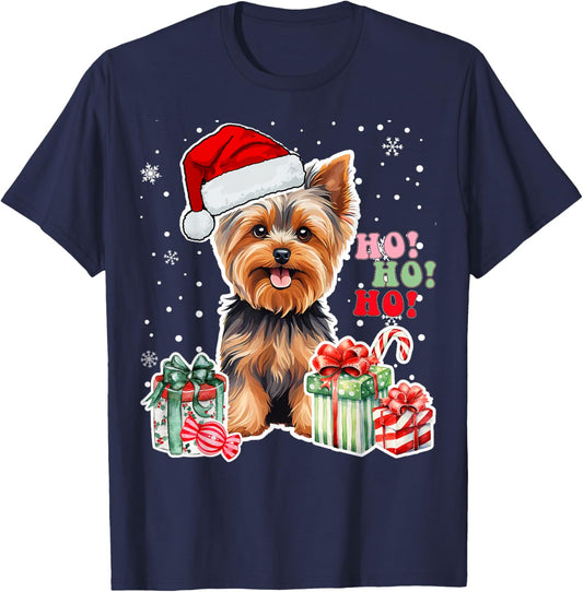 Yorkshire Terrier Christmas Yorkie Xmas Dog Santa Claus Hat T-Shirt - T-Shirt | Navy