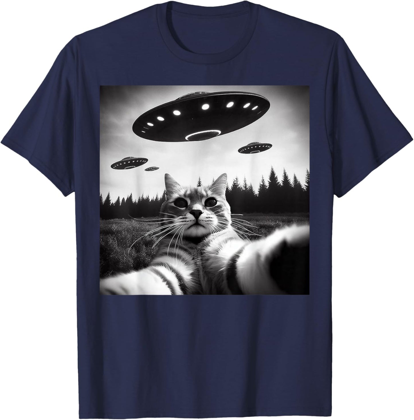 Cat Selfie With Alien UFO Funny Cat Gifts Women Kid T-Shirt - T-Shirt | Navy