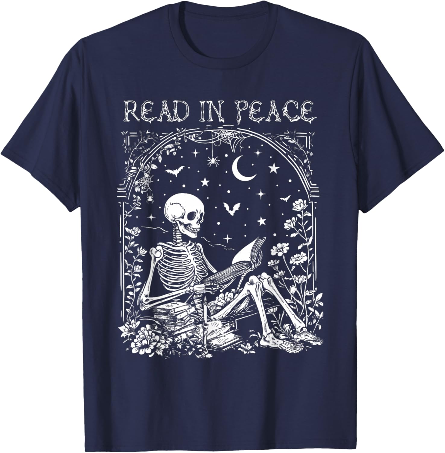 Read In Peace Skeleton Reading Teacher Spooky Halloween T-Shirt - T-Shirt | Navy