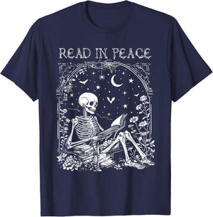 Read In Peace Skeleton Reading Teacher Spooky Halloween T-Shirt - T-Shirt | Navy