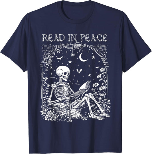 Read In Peace Skeleton Reading Teacher Spooky Halloween T-Shirt - T-Shirt | Navy