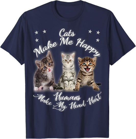 Cats Make Me Happy Humans Make My Head Hurt Meow kitty T-Shirt - T-Shirt | Navy