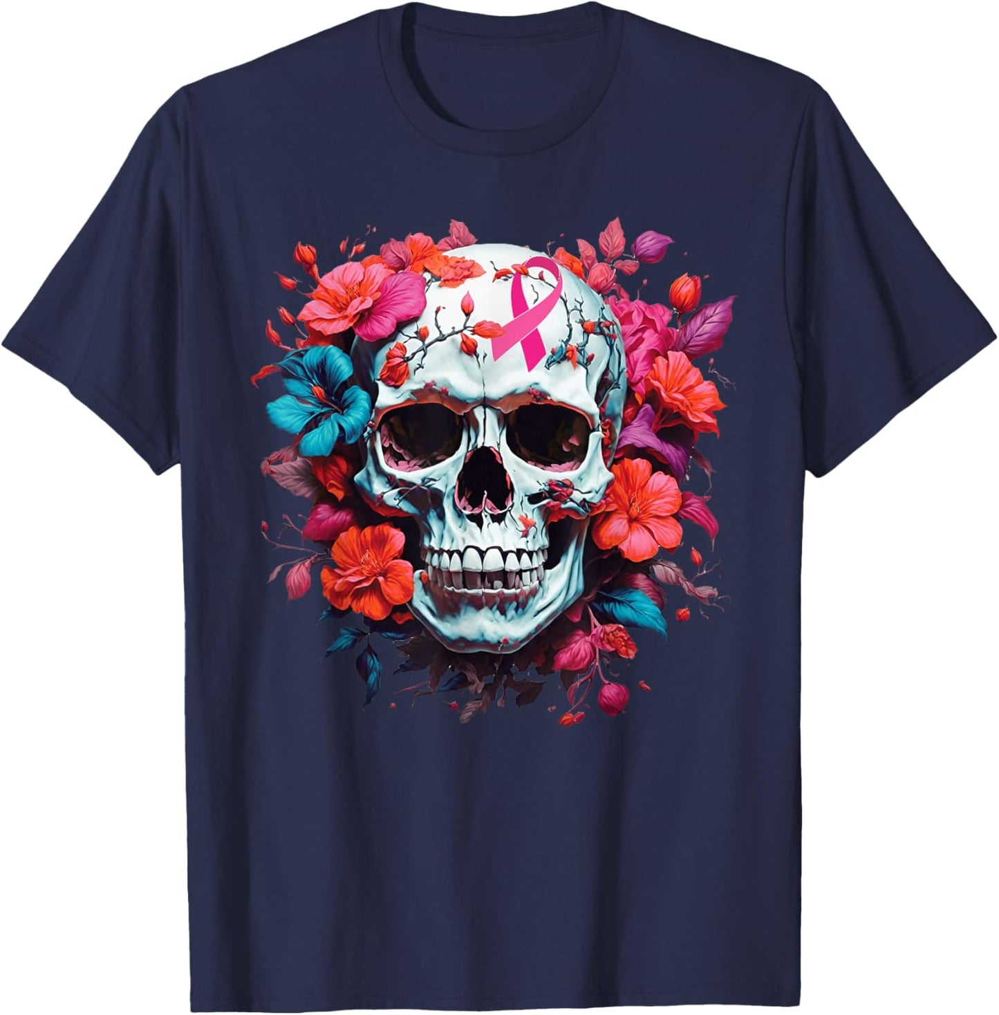 Breast Cancer Skull Shirt Sugar Skull Pink Ribbon T-Shirt - T-Shirt | Navy