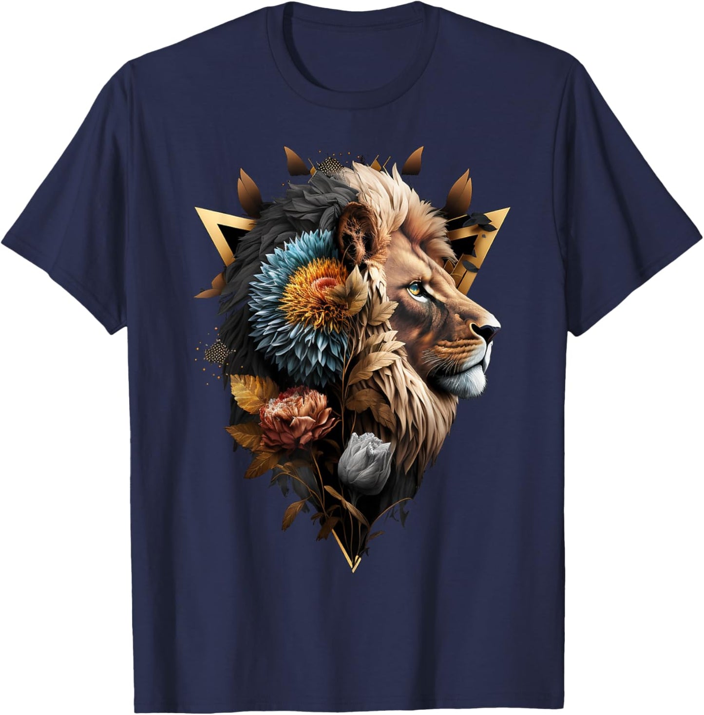 Lion Flowers Artwork Animal Print Art Lion Motif T-Shirt - T-Shirt | Navy