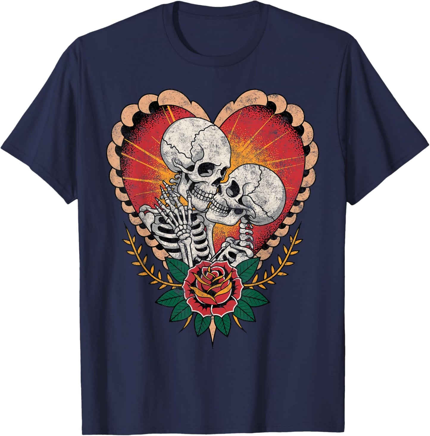 Couple Skeletons American Traditional Old School Tattoo Ink T-Shirt - T-Shirt | Navy