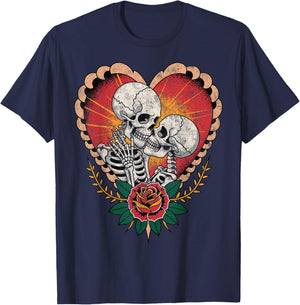 Couple Skeletons American Traditional Old School Tattoo Ink T-Shirt - T-Shirt | Navy