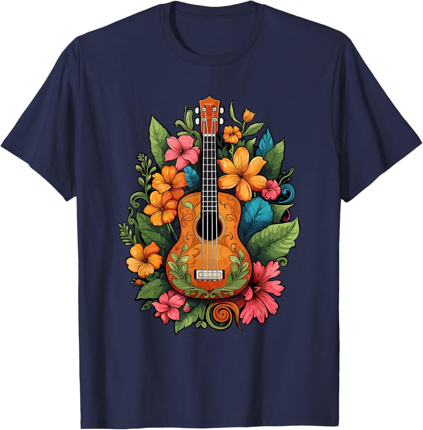 Ukulele Player Hawaiian Tropical Flowers Women T-Shirt - T-Shirt | Navy