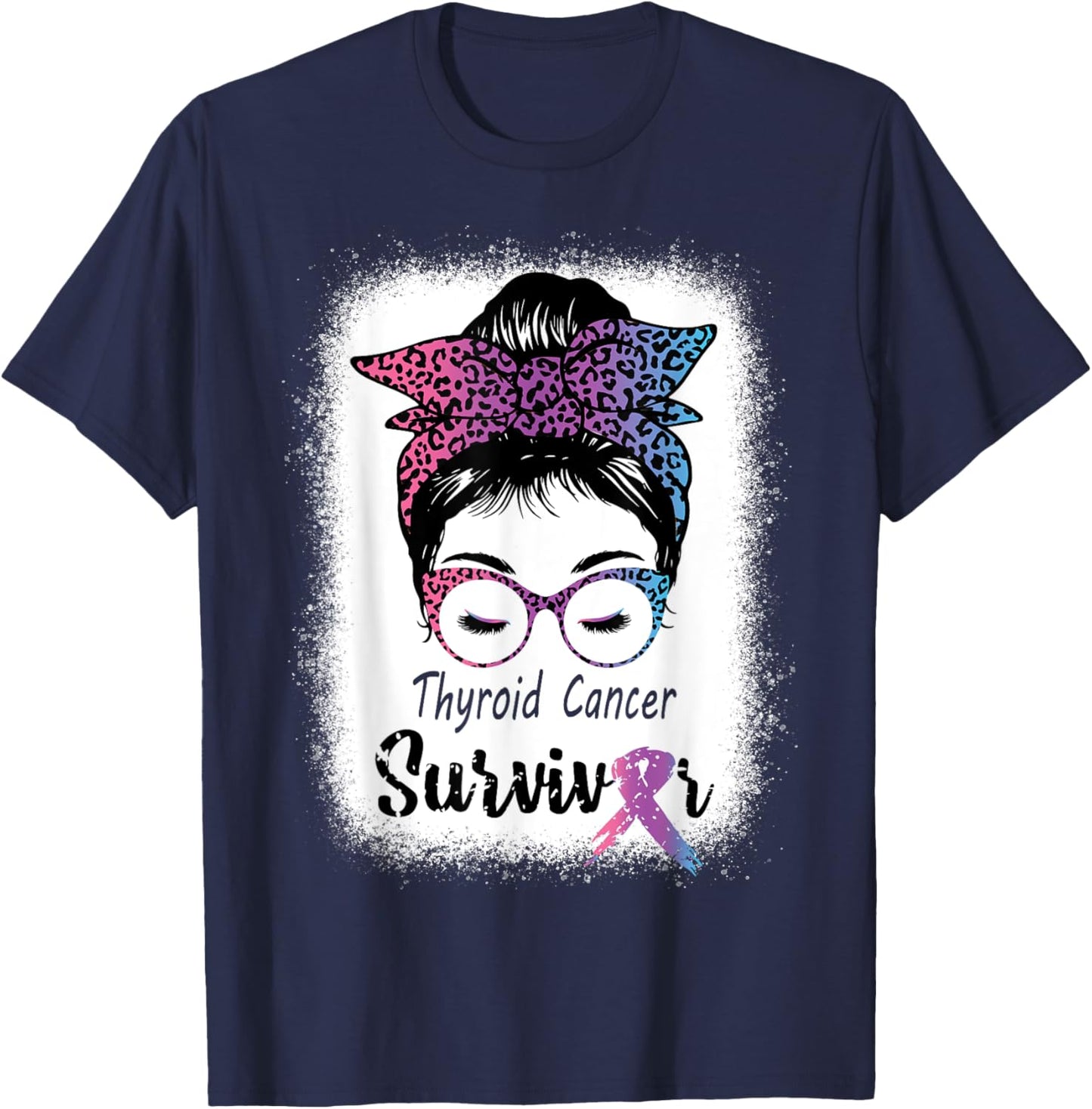Thyroid Cancer Survivor Awareness Messy Bun Mom Teal ribbon T-Shirt - T-Shirt | Navy