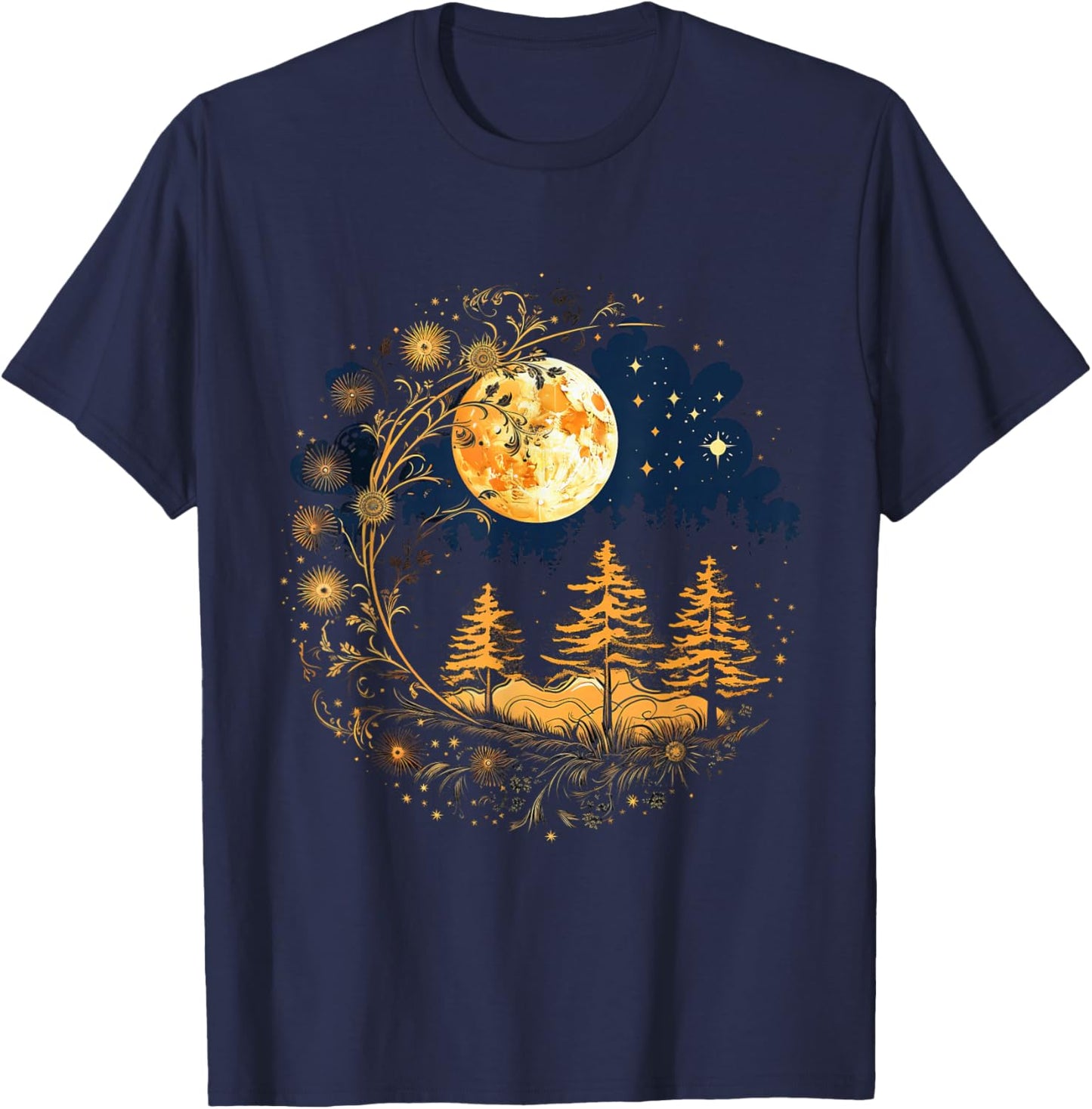 Mystical Sun and Moon with Woman Mystical Flowers Aesthetic T-Shirt - T-Shirt | Navy