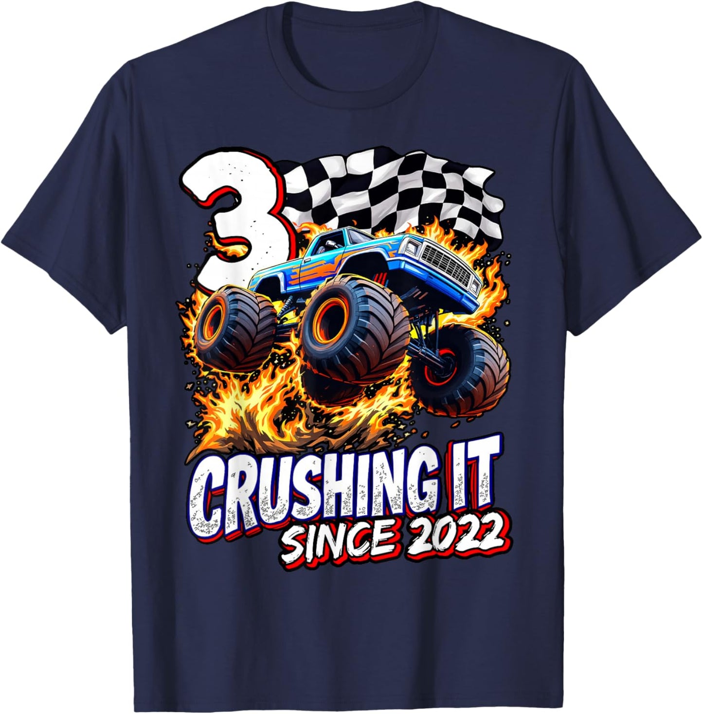 Birthday Monster Truck 3 year Old Boys 3rd Party Born 2022 T-Shirt - T-Shirt | Navy