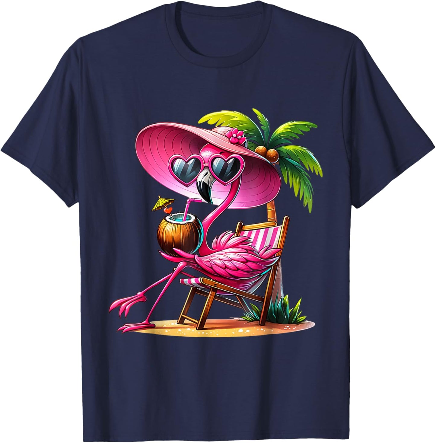 Pink Flamingo Summer Vibes Beach Palm Tree Summer Vacation T-Shirt - T-Shirt | Navy