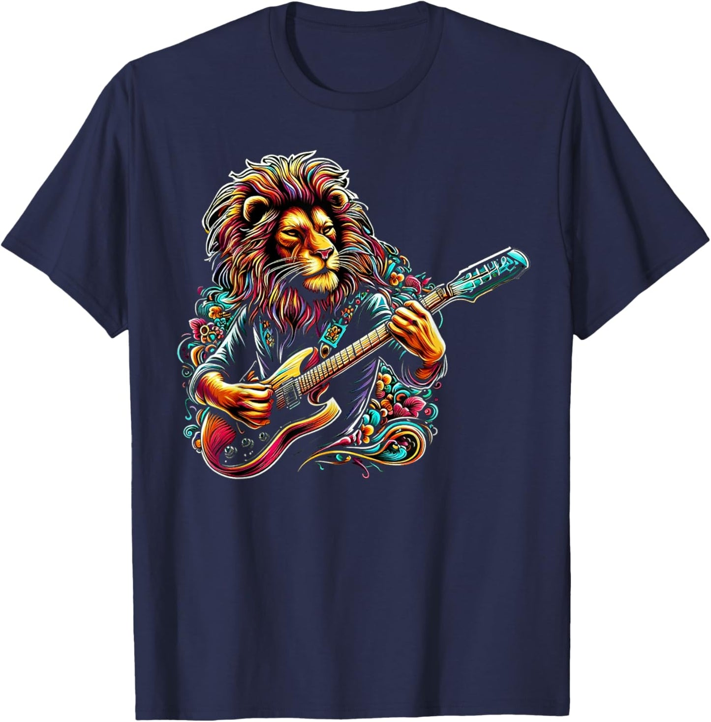 Lion Man Rock on Playing Guitar Music Vintage Guitarist T-Shirt - T-Shirt | Navy