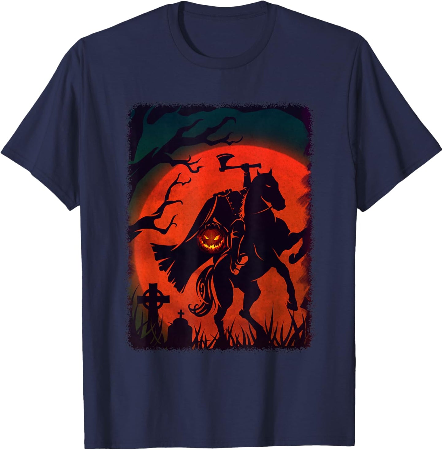 Halloween Scary Pumpkin Headless Horseman Horse Riding Lover T-Shirt - T-Shirt | Navy