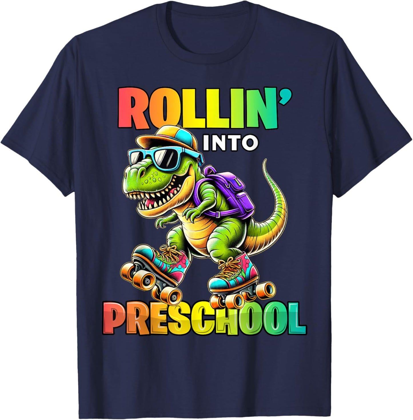 Preschool Back To School First Day Boys Rollin into T Rex T-Shirt - T-Shirt | Navy