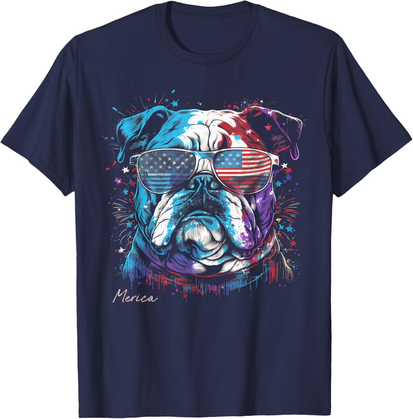 English Bulldog Dog 4th of July American Flag USA Funny Women Kids Men T-Shirt - T-Shirt | Navy