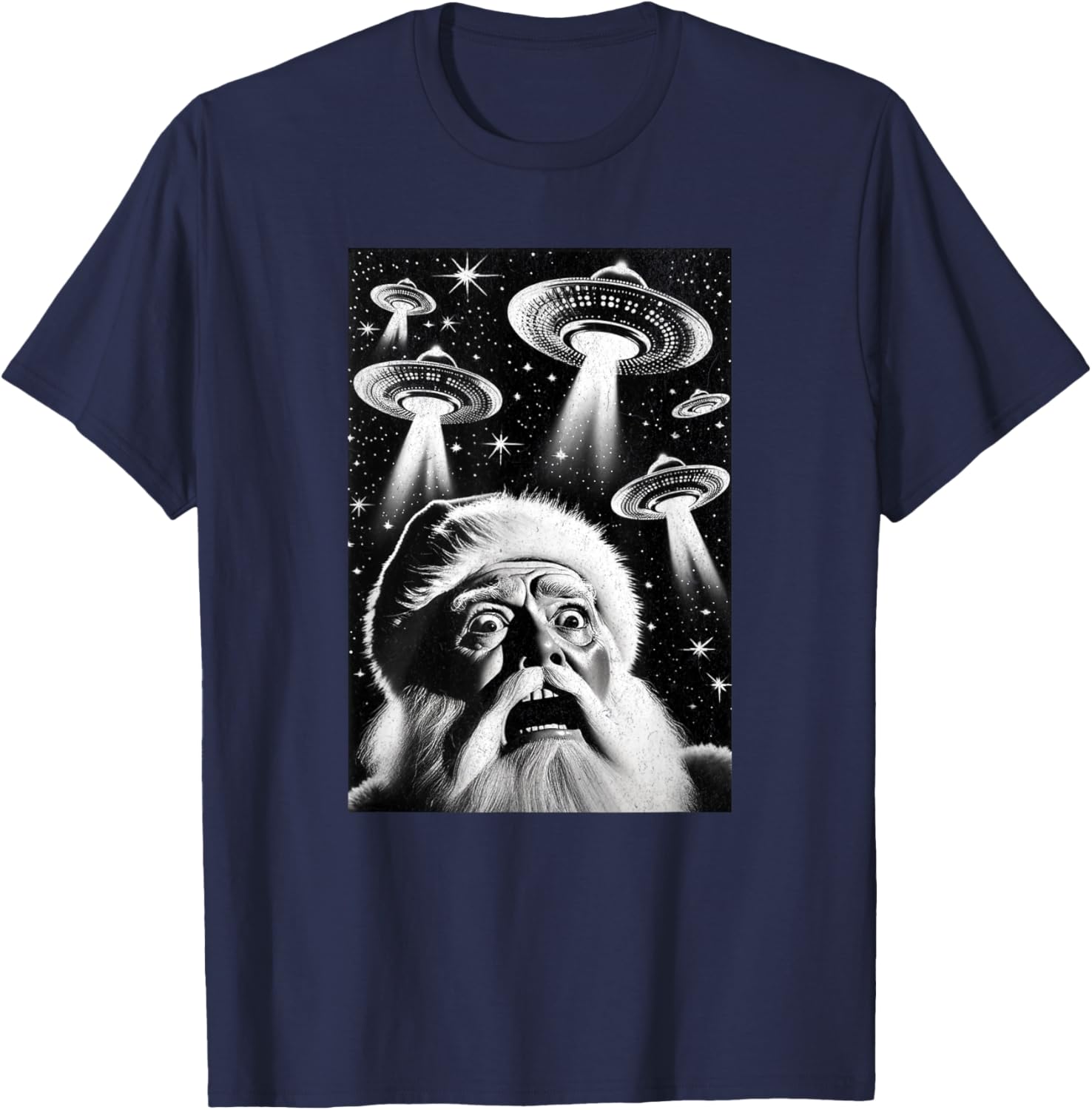 Santa UFO | Funny Invasion Meme Alien Santa Claus UFO Selfie T-Shirt - T-Shirt | Navy