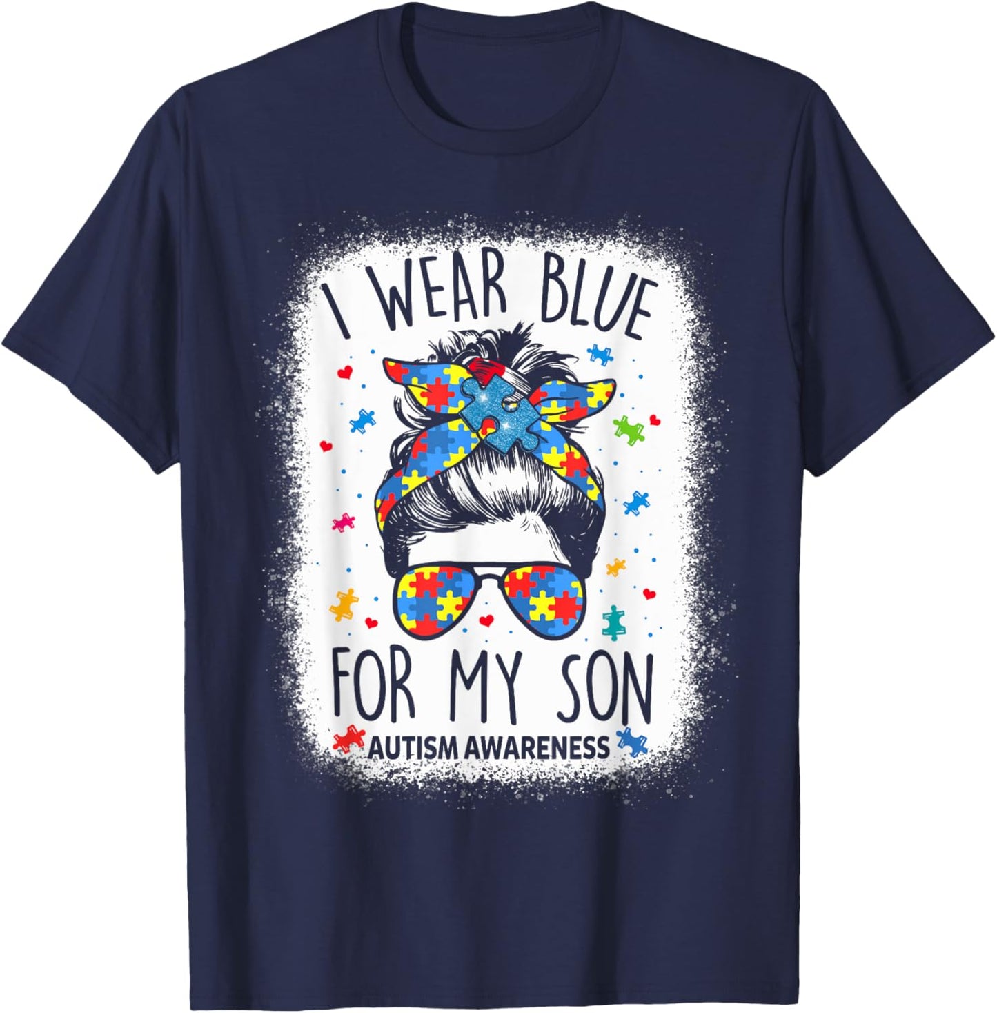 Autism Awareness shirt Mom Messy Bun I Wear Blue For My Son T-Shirt - T-Shirt | Navy
