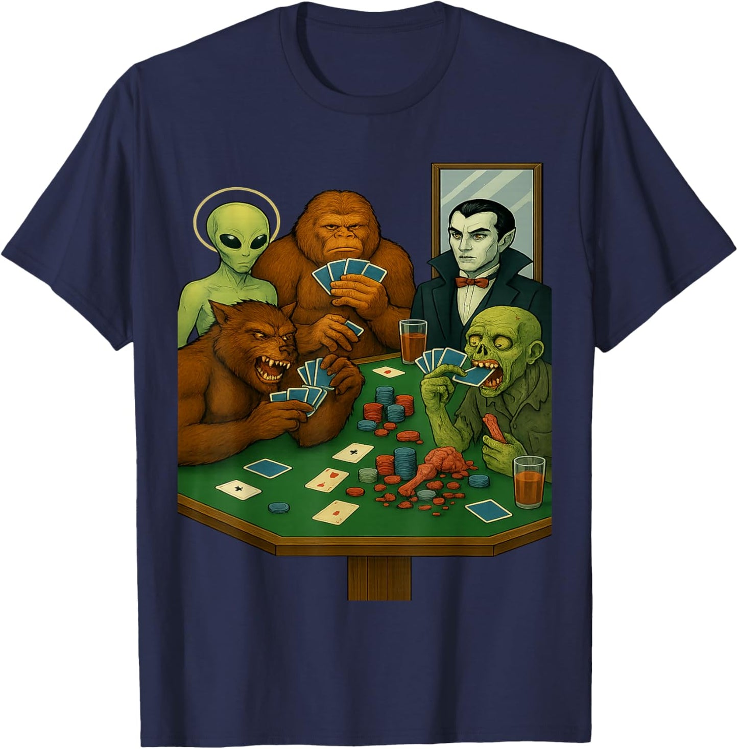 Sasquatch Alien Monsters Playing Cards Poker Funny T-Shirt - T-Shirt | Navy