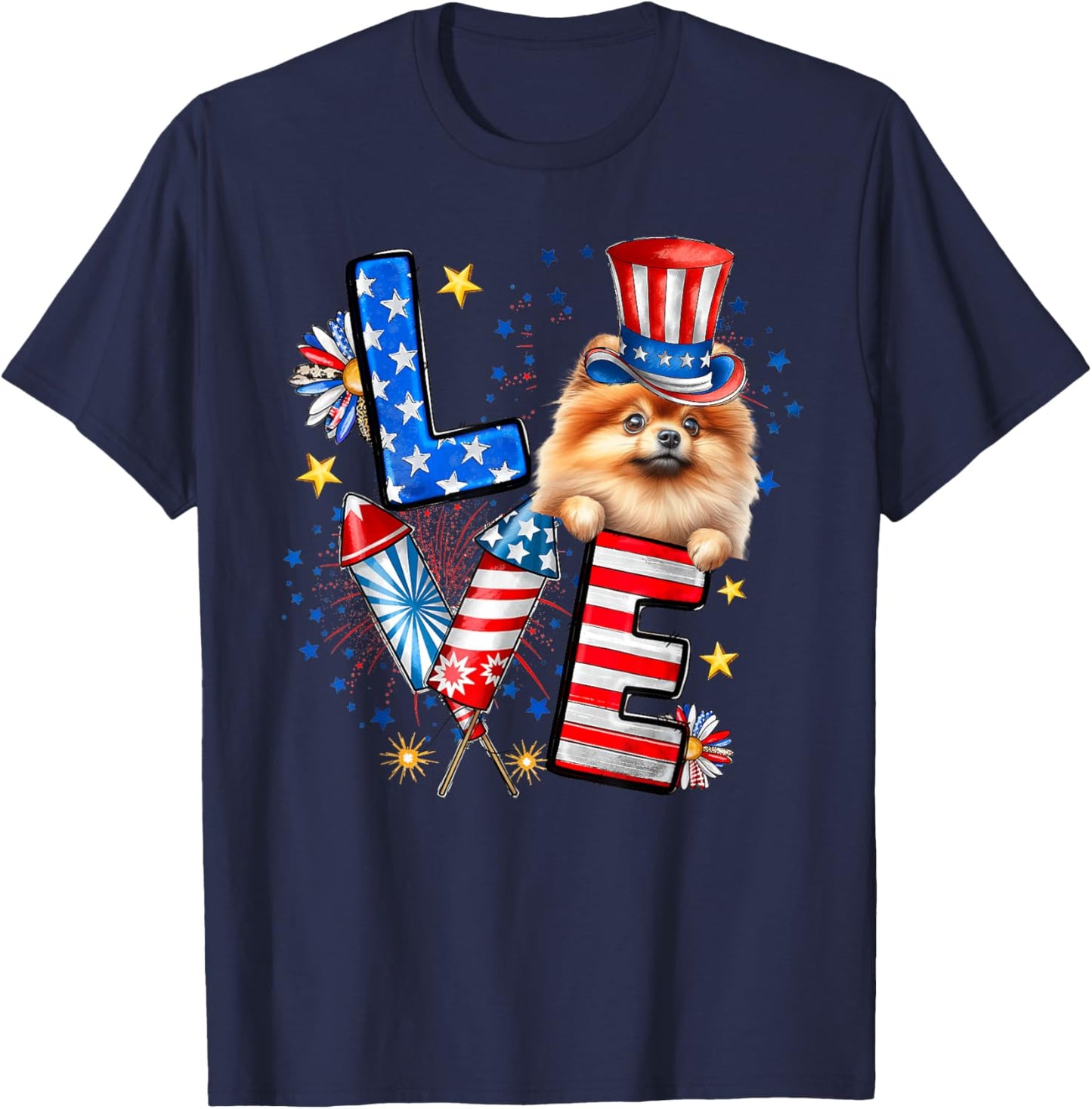 LOVE Pomeranian Dog American Flag 4th Of July T-Shirt - T-Shirt | Navy
