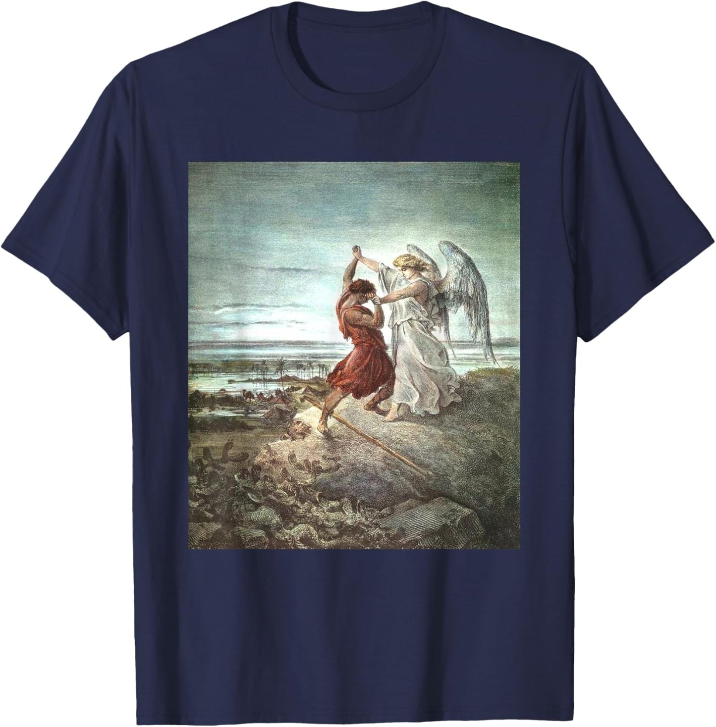Jacob Wrestling With The Angel - -Adults, Black, Small T-Shirt - T-Shirt | Navy