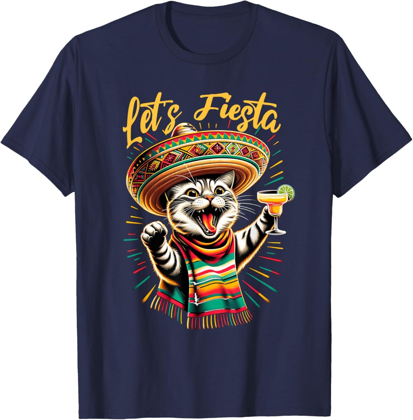 Mexican Let's Fiesta Sombrero Cat Cinco De Mayo Funny Cat Men Women T-Shirt - T-Shirt | Navy