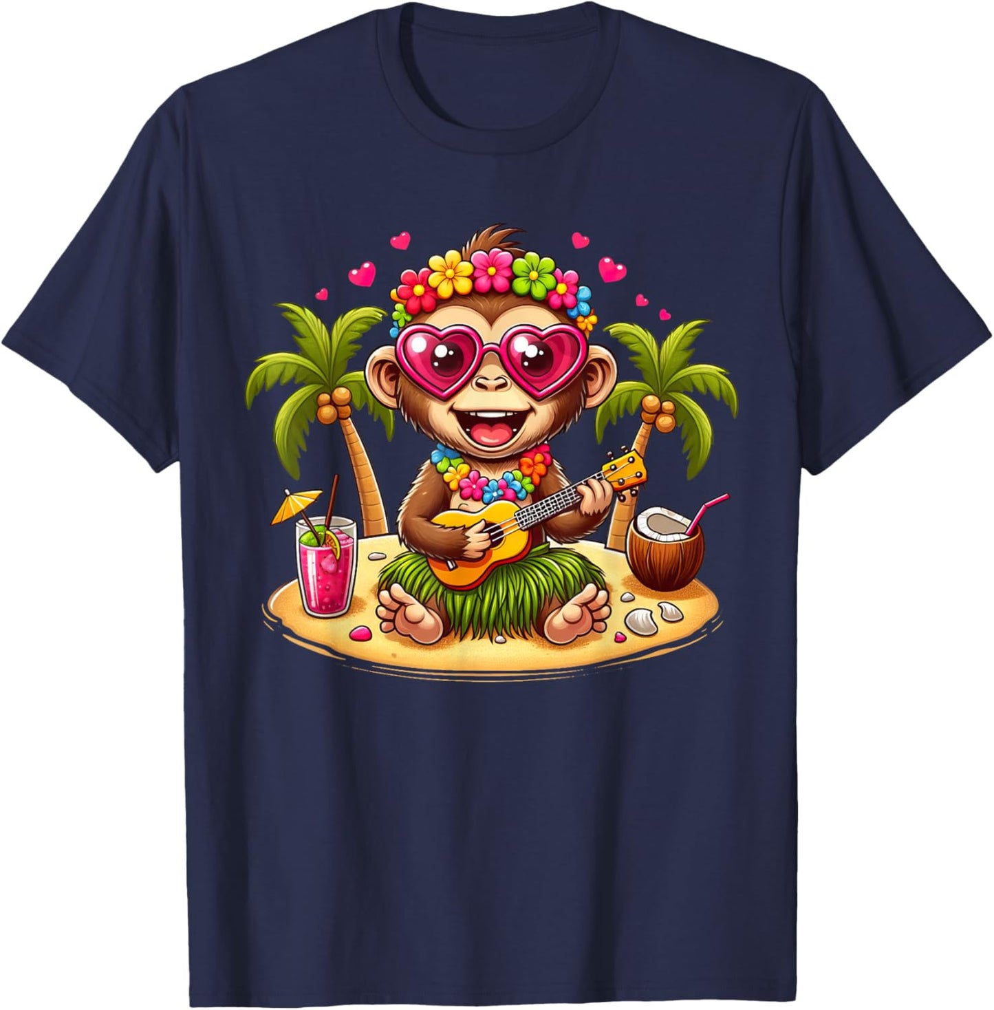 Funny Monkey Hawaiian Costume Kids Summer Vacation Monkey T-Shirt - T-Shirt | Navy